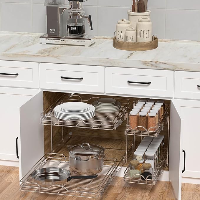 OCG 2 Tier Pull Out Cabinet Organizer (15.5" W x 21" D), Pull Out Drawers for Kitchen Cabinets, Pull Out Shelves for Base Cabinet Organization in Kitchen Bathroom Pantry, Chrome Finish