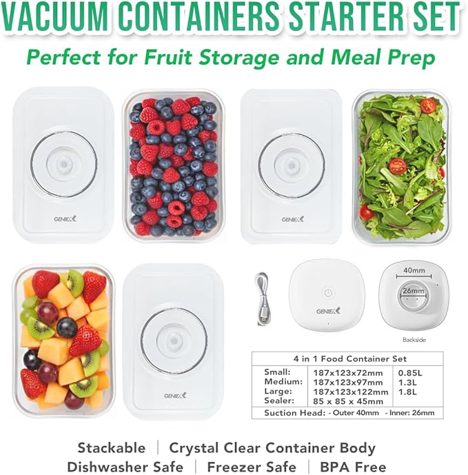 Food Storage Containers Set with Vacuum Sealer| Perfect food storage for all fruits, salads and snacks.