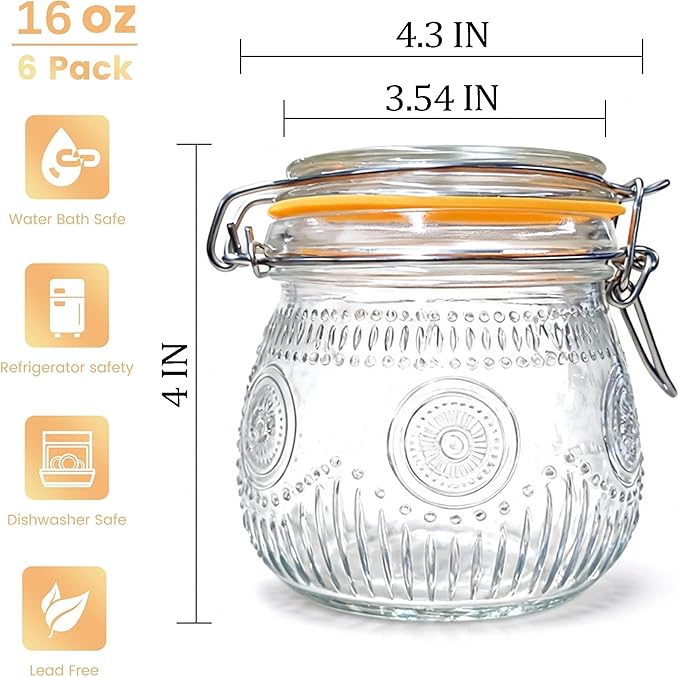 Amzcku Wide Mouth Vintage Mason Jars with Airtight Lid 16oz, Canister Quart Jars for Kitchen Storage - for Coffee, Sugar, Beans 6 Pack