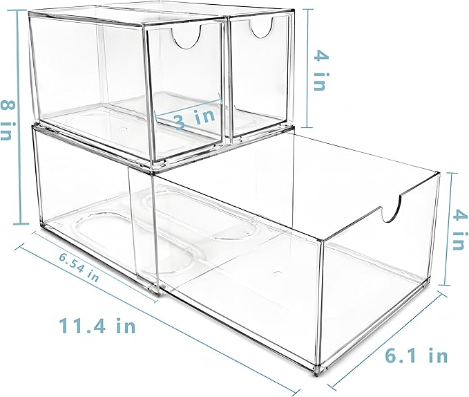 Coffee Pod and Tea Bag Organizer Drawer – Crystal-Clear Acrylic Tea Bag Drawer, Easy to Clean & Stackable for K-Cups, Tea, Sugar Packets in Office, Gym & Kitchen Cupboard (3-Pack)