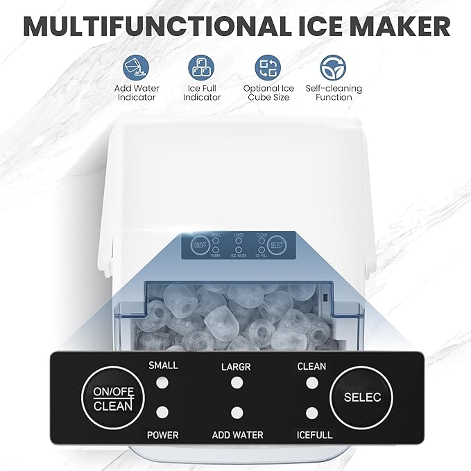 DUMOS Countertop Ice Maker with Handle, 26lbs/24H Portable Ice Machine, 9 Bullet Ice Cubes Ready in 6 Mins, Self-Cleaning, Quiet Compact Ice Maker for Home, Kitchen, RV, Camping, White