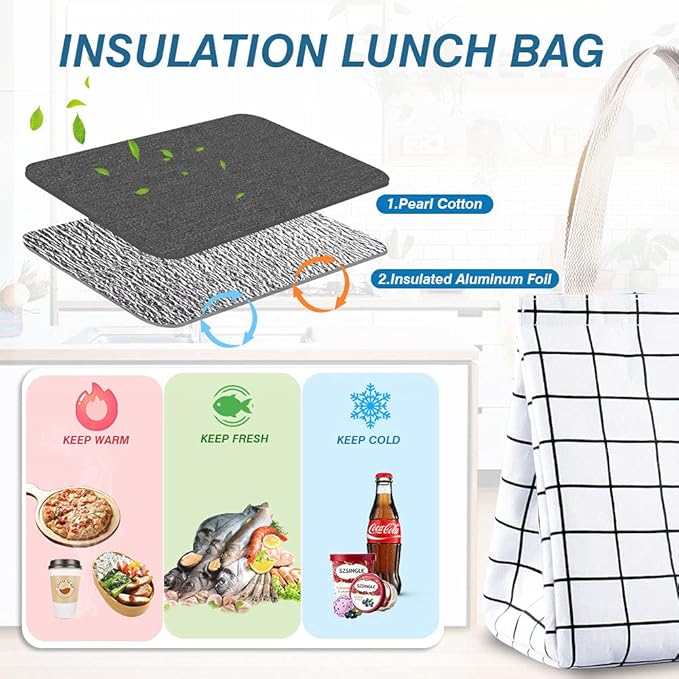 iknoe Insulated Lunch Bag for Women & Adults, 9L Foldable Wide-Open Cooler Bag with Pockets, Leakproof & Portable, for Picnic, Office, Beach(White grid)