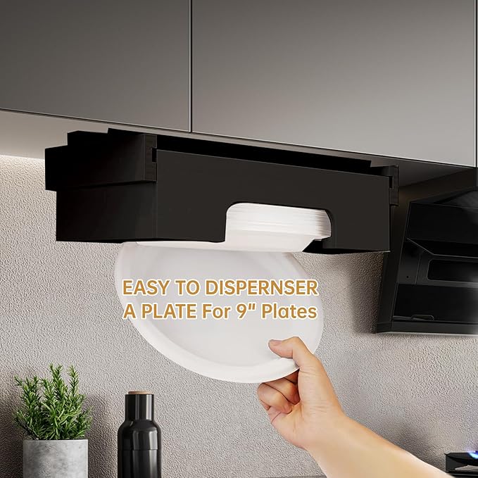 9-inch Paper Plate Dispenser - Bamboo Paper Plate Dispenser Under Cabinet, Kitchen Counter Vertical Holder Organizer Countertop Caddy Rack Black