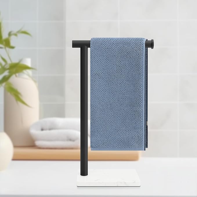 Hand Towel Holder, Hand Towel Stand for Bathroom with Marble Base, 304 Stainless Steel L Shape Hand Towel Rack Bar Standing for Vanity Kitchen Countertop, Matte Black