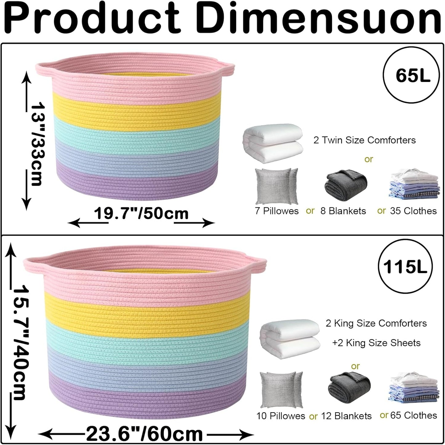 Large Blanket Basket for Organizing,65L Closet Organizers and Storage Bins Box for Shelves Woven Rope Storage Baskets,Living Room,Bedroom,Dorm,Laundry room (Colorful)