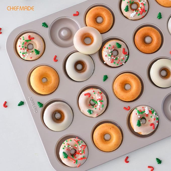 CHEFMADE Donut Mold Cake Pan, 20-Cavity Non-Stick Ring Doughnut Bakeware for Oven Baking (Champagne Gold)