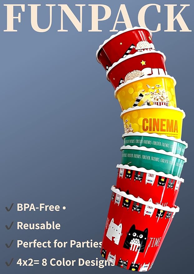 Modern Style Reusable Plastic Popcorn Box/Popcorn Containers/Popcorn Bowls Set for Movie Theater Night - (BPA Free - 8 Pack - 75 oz) (Popcorn Mix Y)