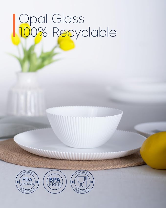 20 OZ Max White Opal Glass Cereal Bowl Set of 6, 6 inch Dishwasher & Microwave Safe Round Ribbed Bowls for Kitchen, Salad, Soup and Rice