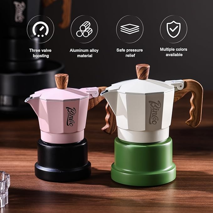 Bincoo Espresso Maker Stovetop,Camping Moka Pot 2 Cup/120ML,Stove Top Espresso Italian Coffee Maker,Easy to Use (White-green)