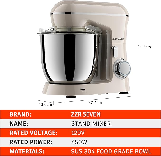 Stand Mixer, 5.5 Quart, 10 Speed Tilt-Head Kitchen Mixer, Copper Motor, Household Food Mixer with Bowl, Flat Beater, Dough Hook, Egg Whisk (450W Cream)