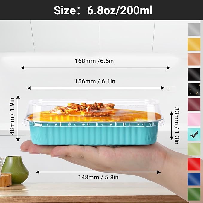 EUSOAR Disposable Ramekins with Lids, 100pcs 6.8oz 6.5"x2.5"x1.2" Blue Aluminum Foil Tin Baking Cups, Cupcake Dessert Cups Cheesecake Creme Brulee Mini Loaf Pans for Picnic Wedding Party Gathering