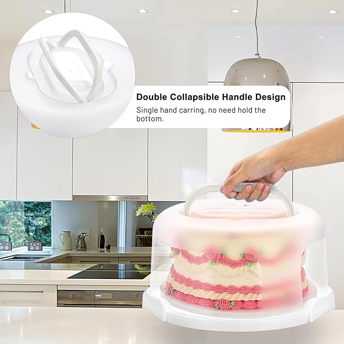 BSTKEY Portable Cake Carrier with Lid and Handle, Cake Turntable + Cupcake Storage Tray for Transport, 10" Round Cake Container Holder with Two Sided Base for Pies Nuts Fruit Cookies, White