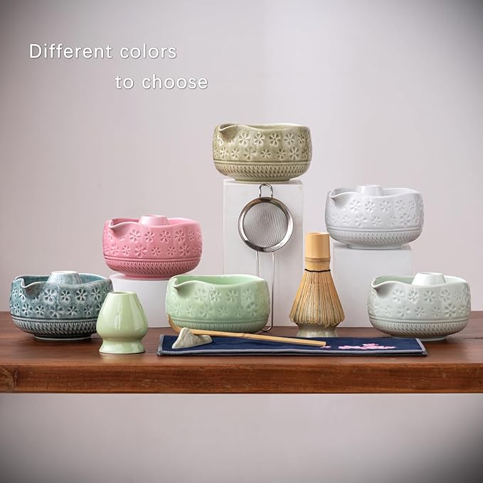 Buucup Matcha Whisk Set, Ceramic Matcha Kit Set Includes Matcha Bowl, Matcha Whisk and Holder, Bamboo Scoop, Scoop Rest, Sifter and Tea Towel - 7 Pcs Matcha Kit for Matcha Lovers(White)