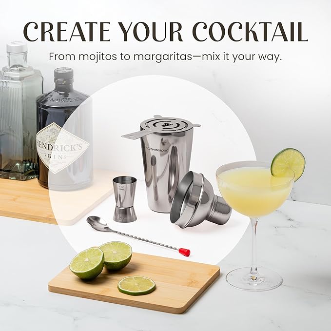 Modern Mixology Cocktail Shaker Set - Bartender Kit with Pine Stand | Leak-Proof Design | Includes Martini Shaker, Jigger, Strainer, Spoon, Tongs | Perfect Bar Tools Gift for Home Mixology (Silver)