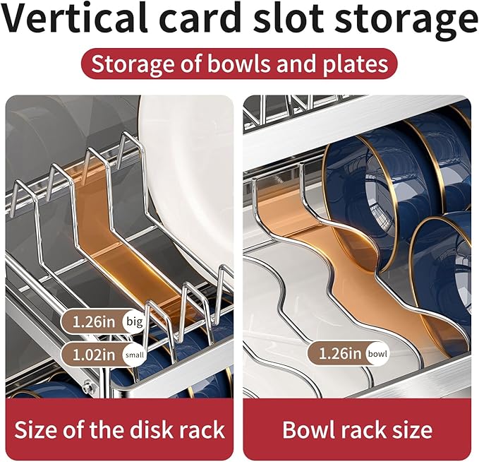 Dish Drying Rack, Double Layered countertop Kitchen Organizer with Drainage Large Bowl Rack and Storage Rack with Drainage Board, Suitable for Kitchen Bars (Silver)