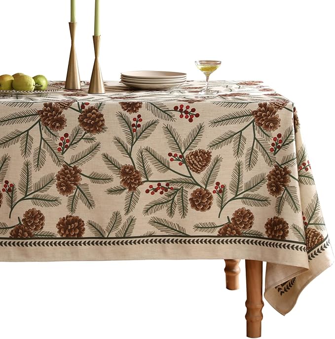 ISAENNE Designer Christmas Beige Linen Table Cloth for Rectangle Table,Pinecones Pattern Indoor Tablecloths,Washable Decor Tablecloth for Dining Thanksgiving Kitchen Christmas,55"*79"-Carol B