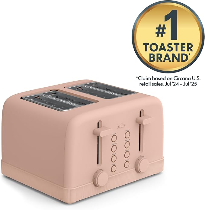 bella 4 Slice Toaster, 6 Setting Shade Control with Reheat & Cancel Buttons, Removable Crumb Tray, Anti Jam & Auto Shutoff, 900 Watt, Blossom
