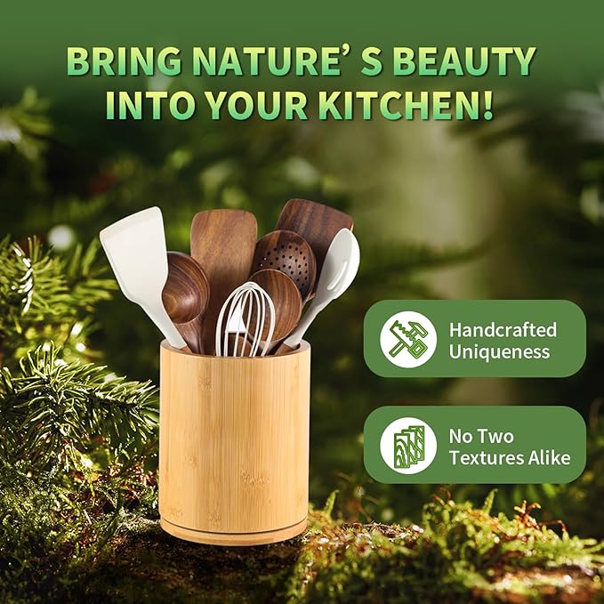 Wooden Utensil Holder, 360°Rotating 7.3'' Large Utensil Holder for Kitchen Counter, Kitchen Utensil Organizer, Utensil Crock, Farmhouse Kitchens Countertop Decor, Bamboo Wood