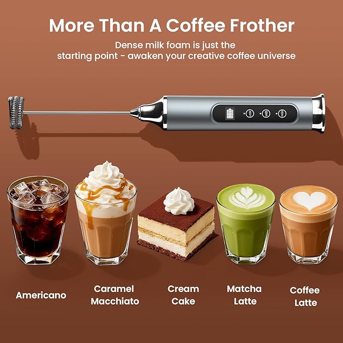 YUSWKO Silver Milk Frother Wand for Coffee with Stand, Handheld Coffee Frother, Rechargeable Drink Mixer, Waterproof Electric Whisk