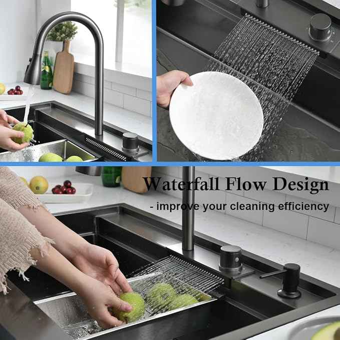 33 Inch Farmhouse Kitchen Sink Splash Guard Waterfall Workstation Black- VOKIM 33x22Inch Apron Front Kitchen Sik Stainless 16 Gauge Farm Sink With Multifunctional Top Loading Flying Rain pull-out