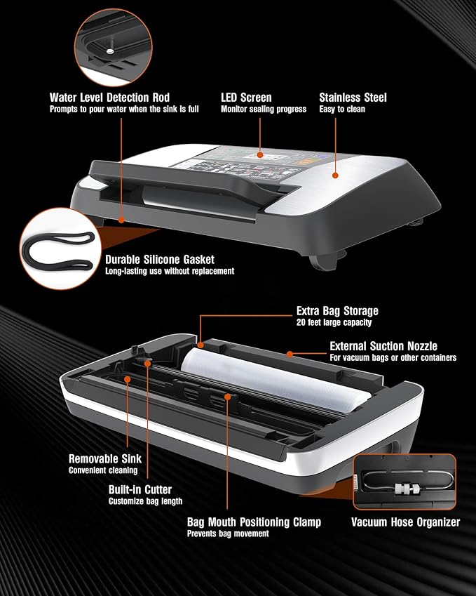 95kPa Food Vacuum Sealer Machine, Powerful 230W Vacuum Pack System with Double Heat Seal for Moist & Dry Food, 12-in-1 Automatic Sealer Includes Built-in Cutter, Hose for Jars & Wine, 1 Roll + 10 Bags