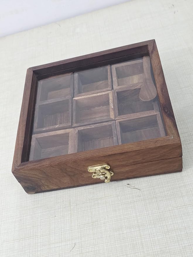 Wooden Spice Box with Glass Lid, 9 Compartment Masala Storage Container with Spoon, Hand Crafted Kitchen Organizer, 8x8 Inches