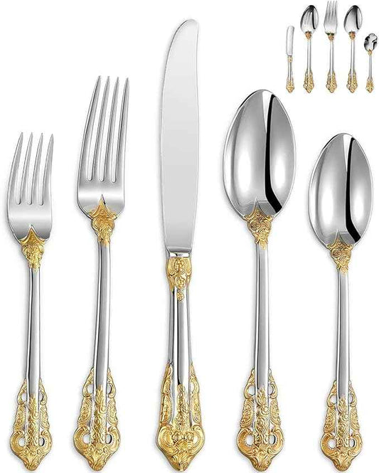 KEAWELL Luxury 45 Pieces 18/10 Stainless Steel Flatware set, Service for 8, silver plated with gold accents, Fine Silverware set and Dishwasher Safe