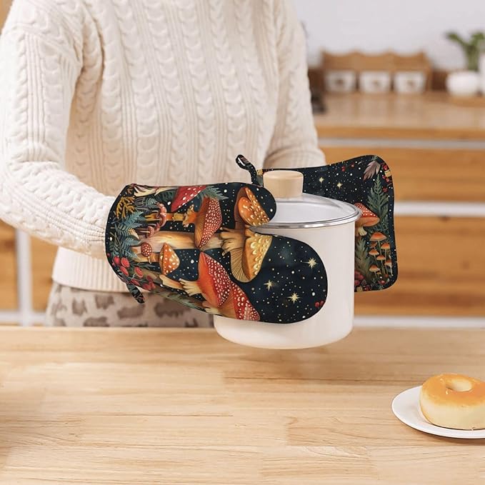 Oven Mitts and Pot Holders Mushroom Forest Vintage Silicone Kitchen Accessories Set of 4 Heat Resistant Long Gloves Potholder Non-Slip Grip for Chef Cooking Baking Grilling BBQ