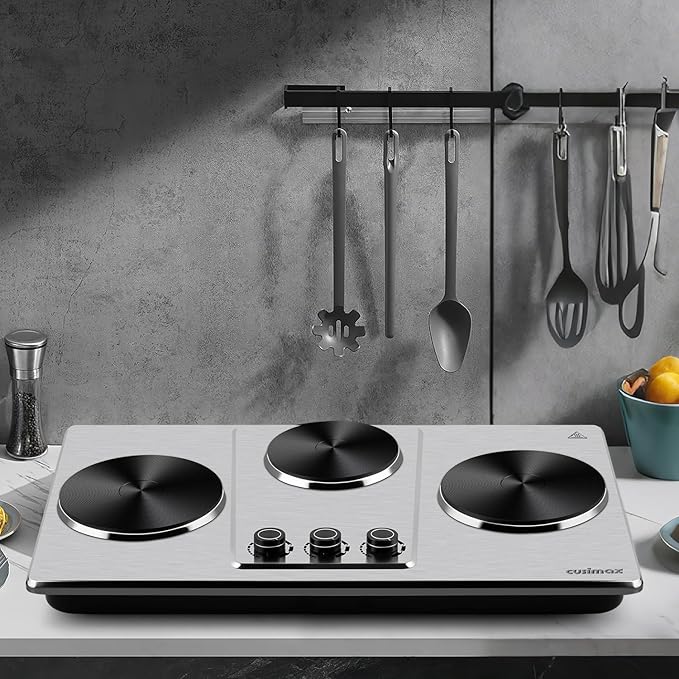Cusimax Hot Plate,Countertop Triple Burner with 7″Cast Iron Cooktop,Electric Hot Plate for Cooking,11 Level Temperature Setting