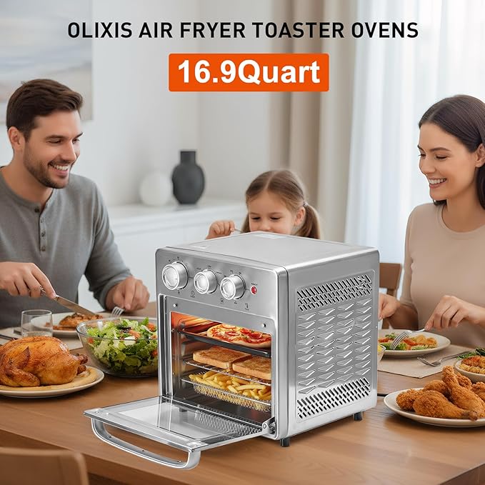 OLIXIS Air Fryer Toaster Oven Combo, 16.9QT Oven Countertop 5 Functions in 1, 4 Accessories Included, Stainless, Up to 450°F