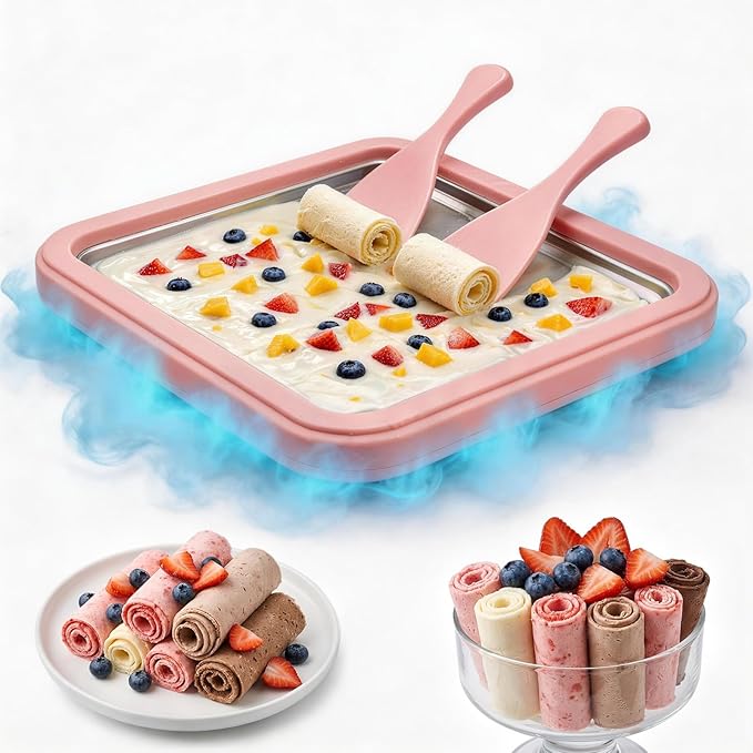 Rolled Ice Cream Maker,304 Stainless Steel Instant Ice Cream Machine with Ice Cream Tray – DIY Frozen Yogurt, Gelato, Sorbet & Slushie Maker Kit for Family Fun, Easy to Use & Clean (Peach Blossom)