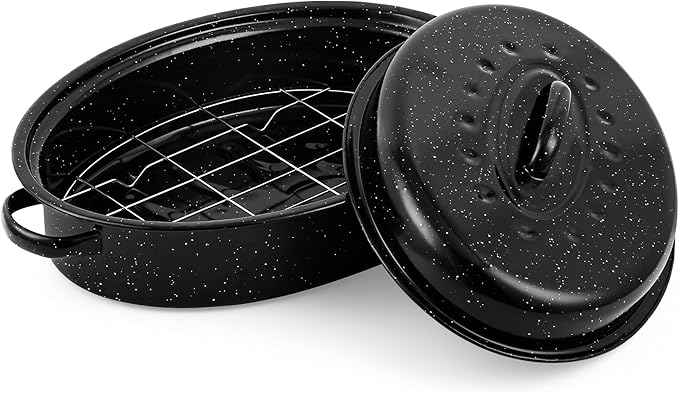 15” Roaster Pan with Lid and Rack, Small Enamel Roaster Pan with Oval Roasting Rack, Granite Baking Pot for Chicken Turkey Lamb, Heat Resistant, Oven/Dishwasher/All Stovestops Compatible