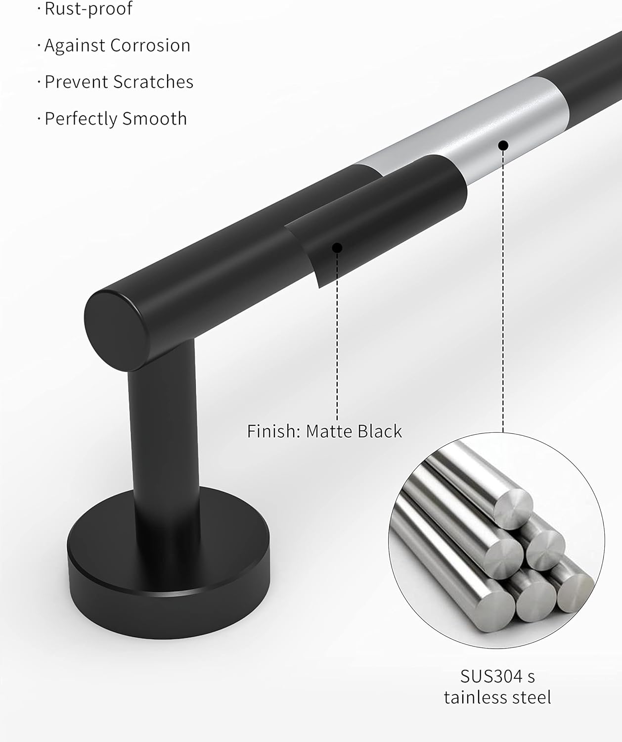 24 Inch Towel Bar Black Towel Rack for Bathroom Kitchen Towel Holder SUS304 Stainless Steel RUSTPROOF Wall Mount Total Length 26 inch (Matte Black)