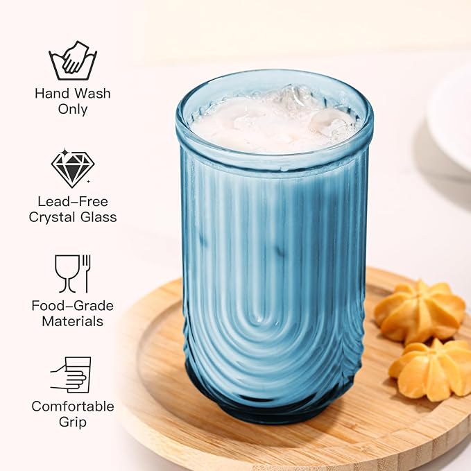 JOVGANK Blue Vintage Glassware Set of 6-17Oz Blue Water Drinking Glass, Art Deco Ripple Highball Glass, Whiskey Cocktail Glasses, for Bar Ice Coffee Juice, Housewarming Gifts and Mother's Day Gift