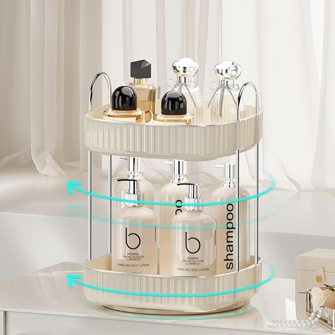 YCIA&DONE Rotating Makeup Organizer and Square Rotating Makeup Organizer White 2 Tier