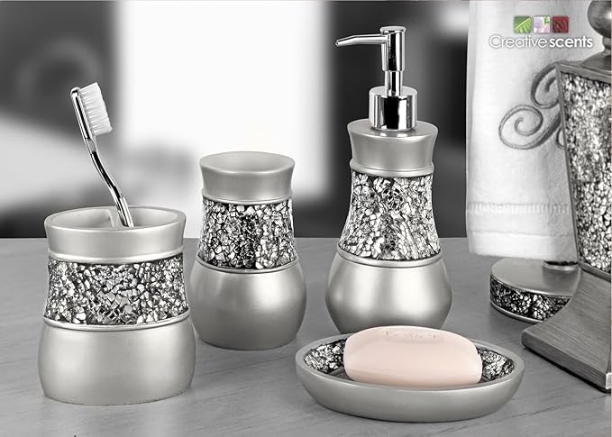 Creative Scents Crackled Glass Silver Hand Soap Dispenser for Bathroom, Decorative Countertop Lotion Dispenser, Elegant Liquid Soap Dispenser with Sturdy Pump for Classic Bathroom Décor