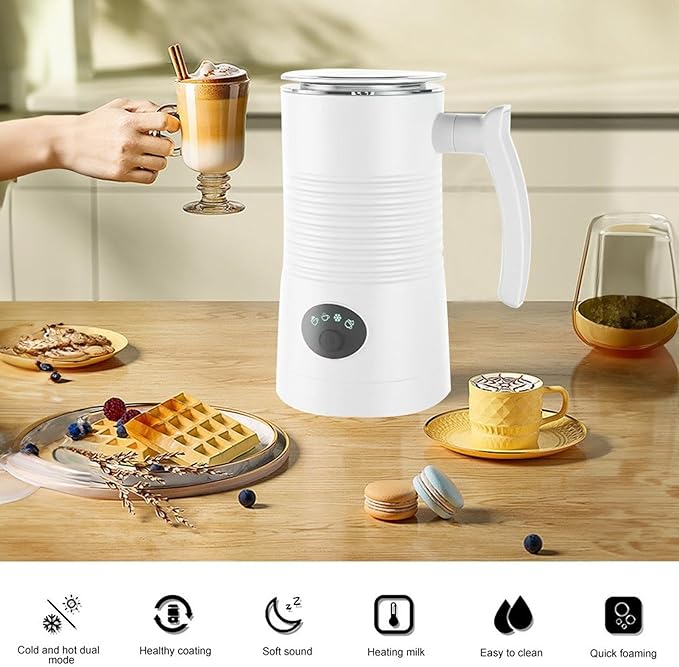 Talent Star 4 in 1 Electric Milk Frother Automatic Warm Cold Foam Maker Large Capacity Low Noise Dishwasher Safe Easy to Clean Coffee Hot Chocolate Maker Machine for Latte Cappuccinos Macchiato White