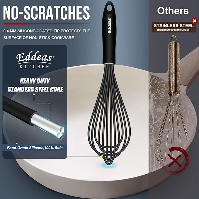 Whisks For Cooking - 500 °F Heat Resistant Silicone Whisk, Heavy Duty 7",9"&11inch Non-Scratch Balloon Kitchen Wisk tool Set, for cooking Wisking, Blending, Beating, Stirring, 3 Piece Black