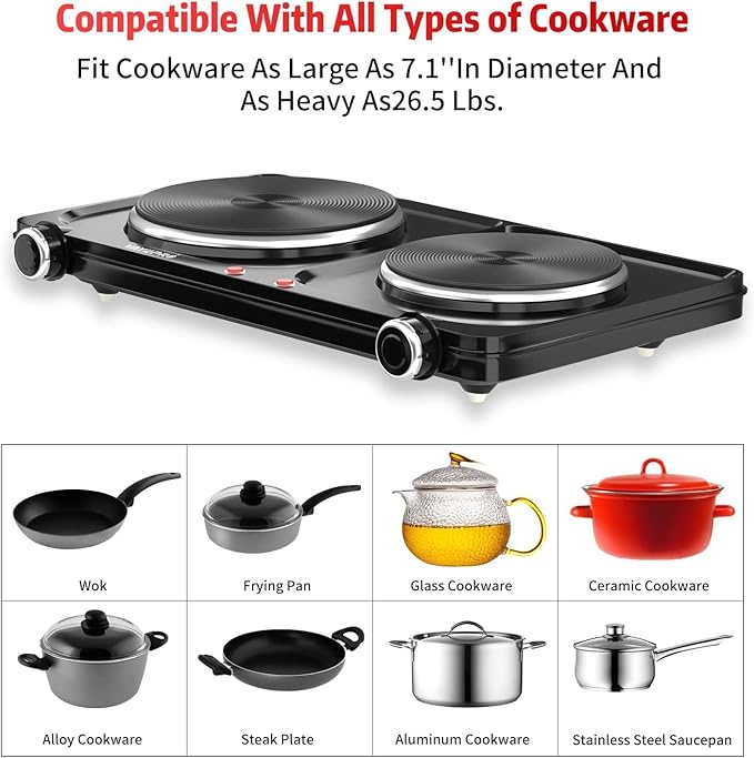 Hot Plate for Cooking, Vayepro 1800W Portable Electric Stove,Double Electric Burner for Cooking,UL listed,Cooktop for Dorm Office Home Camp, Compatible with All Cookware