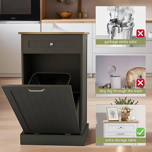 RASOO Tilt Out Trash Cabinet Wooden Freestanding Dog Proof Single Door 10 Gallons with Drawer Trash Can Cabinet