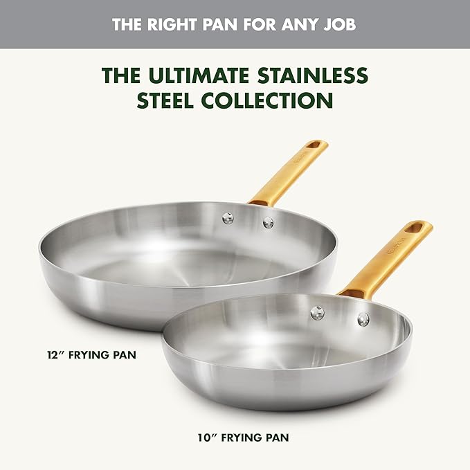 GreenPan Stainless Steel Tri-Ply Reserve 10” and 12” Frying Pan Skillet Set, Multiclad Cookware, Induction, Oven & Broiler Safe to 600°F, Heat Responsive Core, Dishwasher Safe, Gold Handles