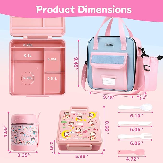 REDSHELL Bento Lunch Box for Kids Set, Leakproof Food Jar Pail with Insulated Bag, Toddler Snack Container Lunchbag for Girls Daycare, Back to School Lunchbox Kit, Includes Bottle Holder Strap, Pink
