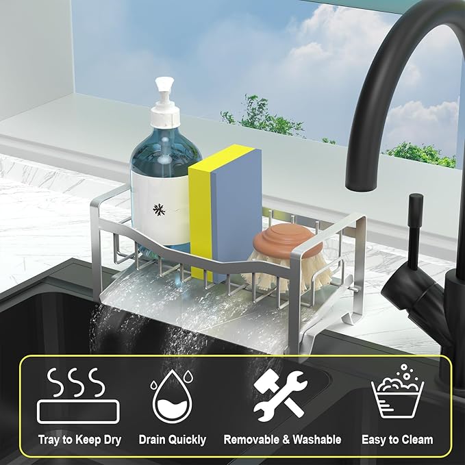 Maifan Kitchen Sink Caddy Organizer Sponge Holder for Kitchen Sink with Stainless Steel Auto Drain Tray, Self Drain Dish Soap Sponge Caddy Rack for Countertop Storage Gadgets Silver Grey