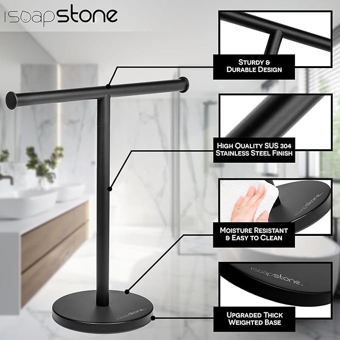 Luxury Hand Towel Holder Stand with Heavy Weighted Base, Matte Black Towel Rack, T-Shape, Freestanding Towel Stand for Bathroom Vanity or Kitchen Countertop, Waterproof Counter Organizer