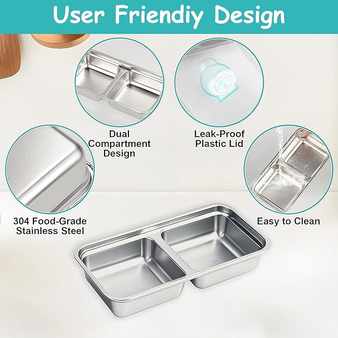 2Pcs 304 Stainless Steel Snack Containers, 2 Compartments Portable Food Storage Bento Boxes with Lids, Divided Meal Prep Lunch Box Food Container Dishwasher Safe