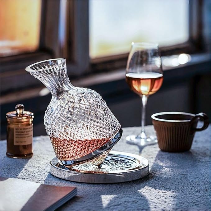 Wine Decanter Set - Spinning Crystal Red Wine Carafes Decanter, Jarler 1.5L Rotating Hand Blown Crystal Glass Wine decanter Aerator Quick Wake Up，Father Day Wine Gift for Wine Lover