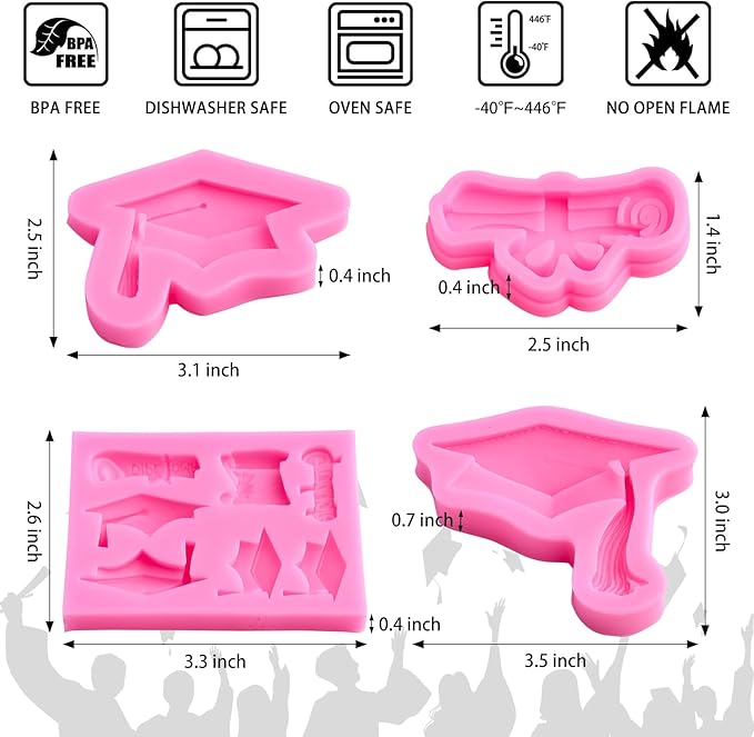 4 PCS Graduation Chocolate Fondant Molds, Silicone Graduation Cap Diploma Candy Molds for Cake, Cupcake Decorations, Graduation Party Supplies