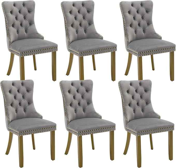 Velvet Dining Chairs Set of 6, Kitchen & Dining Room Chairs, Upholstered Dining Chairs with Back Ring Pull and Golden Solid Wood Legs, Modern Tufted Kitchen Chairs for Dining Room, Light Grey