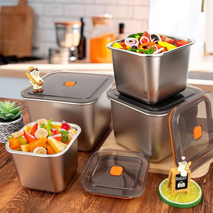 2 PCS Stainless Steel Food Storage Containers(100oz) with Lids Leak Proof & Airtight | Square Stainless steel freezer Containers,For Meal Prep,Fruit,Snack,Freezer