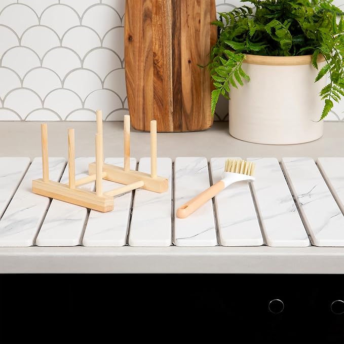 HavenMat – Large Stone Dish Drying Mat (24”x16”) with Bamboo Rack & Brush | Quick-Dry Diatomite Counter Mat for Dishes, Glassware, Plants & Pets | Grey Kitchen Drying Stone (Marble)